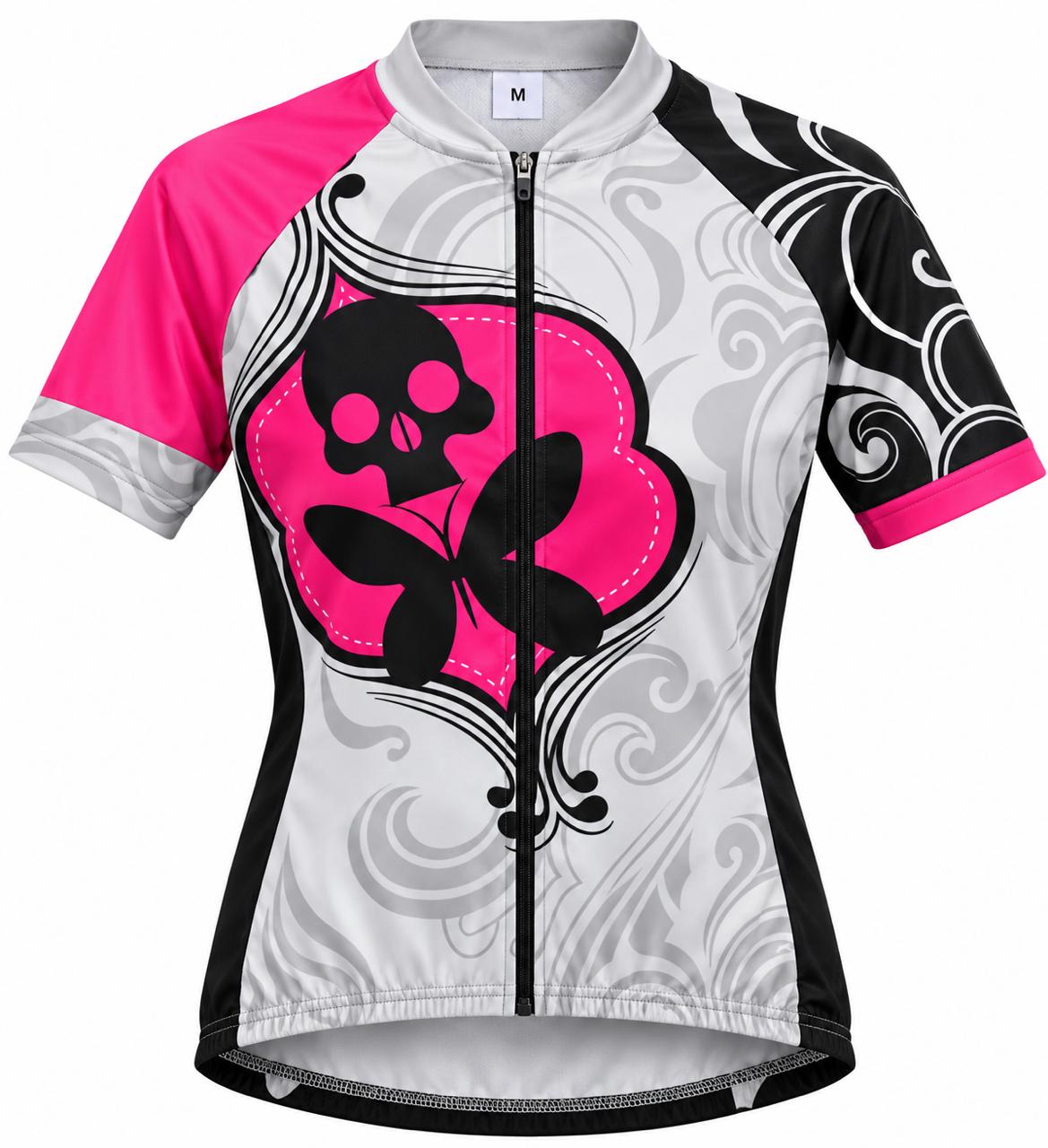 Jersey de Ciclismo para Mujer Skull Butterfly – Blanco y Fucsia